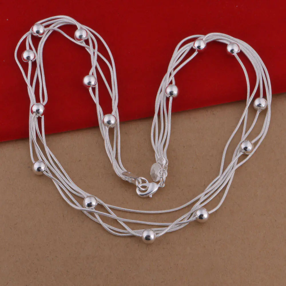 925 Sterling Silver Snake Bone Bead Necklace - Korean Style