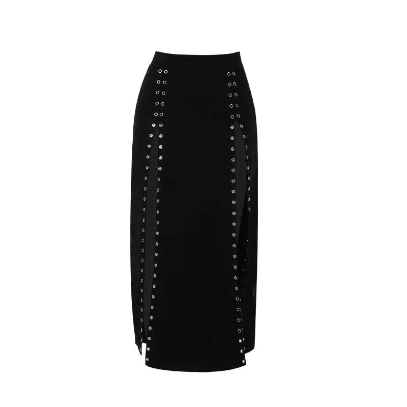 High-Waist Mid-Length Skirt with Rivet and Slit Design
