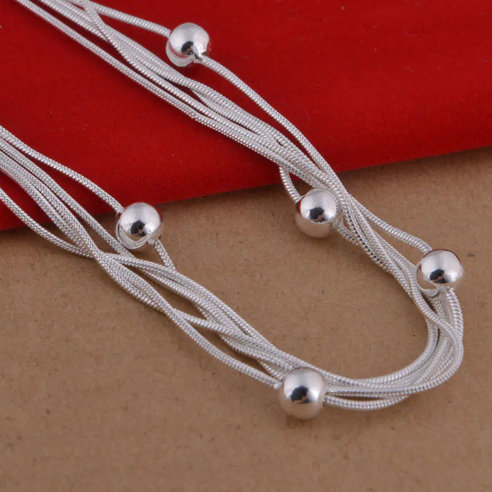 925 Sterling Silver Snake Bone Bead Necklace - Korean Style