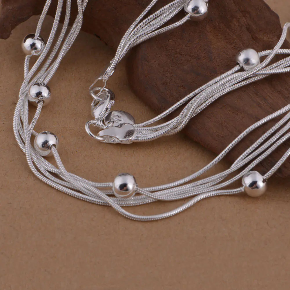 925 Sterling Silver Snake Bone Bead Necklace - Korean Style