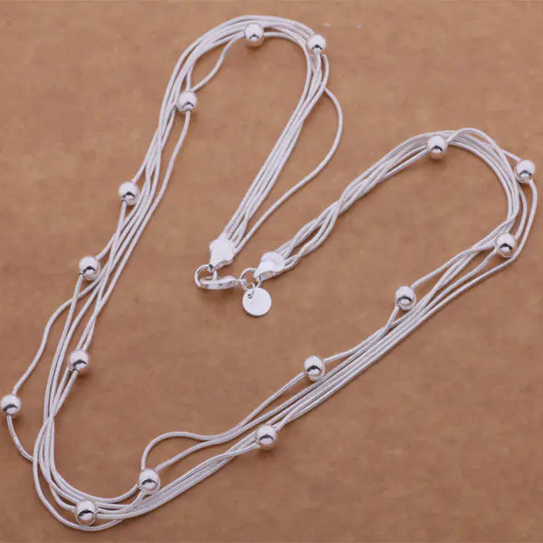 925 Sterling Silver Snake Bone Bead Necklace - Korean Style