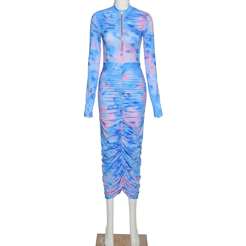 Autumn Digital Print Long Sleeve Bodycon Dress for Women