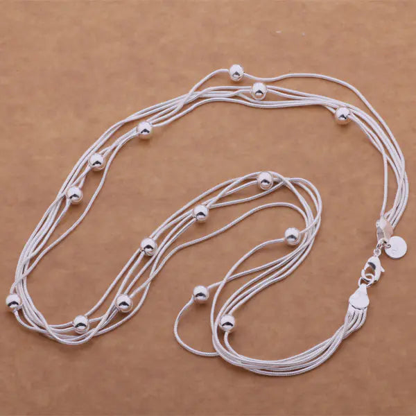 925 Sterling Silver Snake Bone Bead Necklace - Korean Style