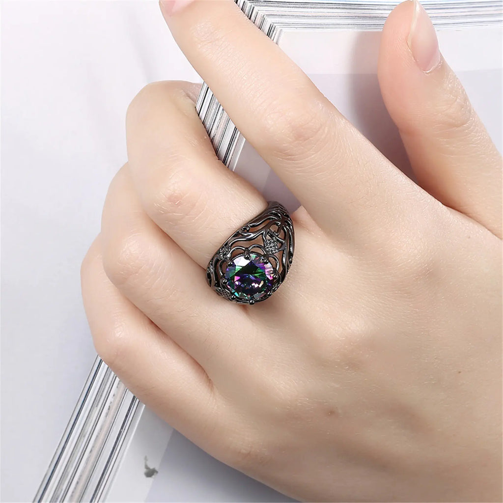 Fashion Color Zircon Hollow Creative Black Gold Ring
