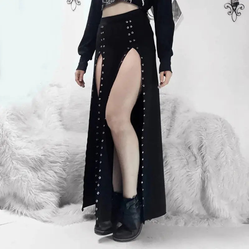 High-Waist Mid-Length Skirt with Rivet and Slit Design
