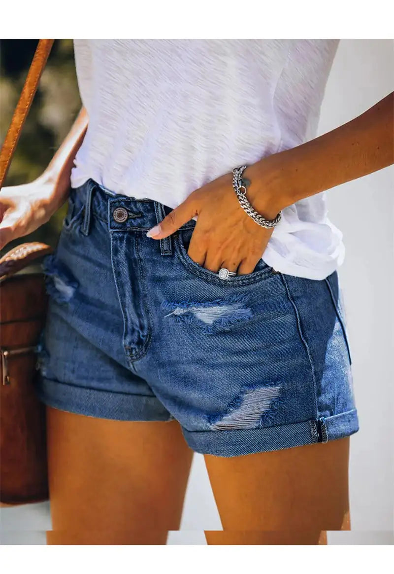 Women's Mid-Waist Elastic Denim Shorts with Rips