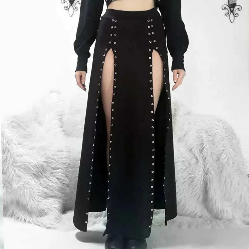 High-Waist Mid-Length Skirt with Rivet and Slit Design