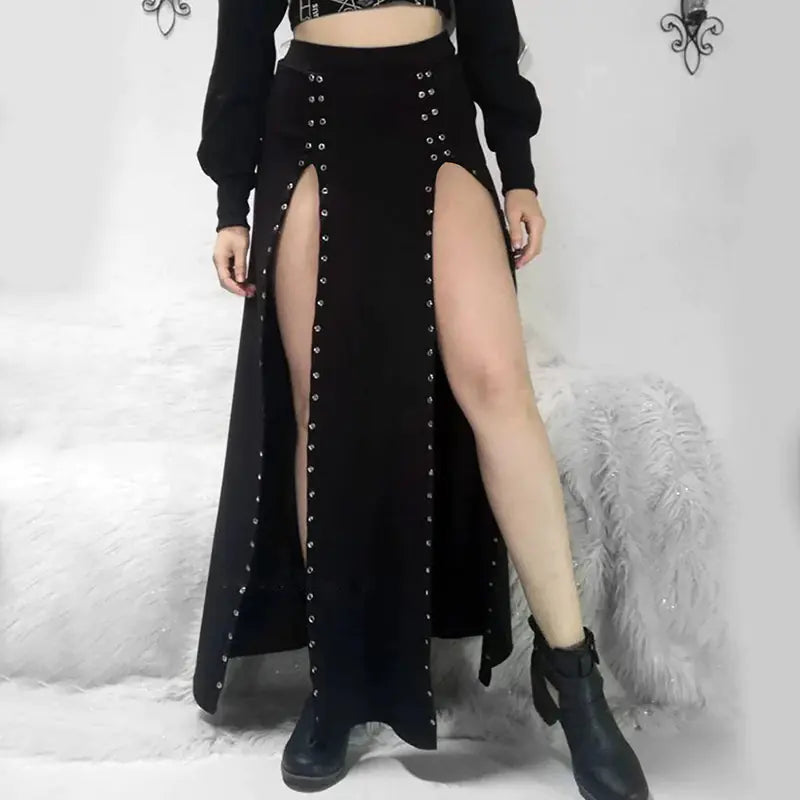 High-Waist Mid-Length Skirt with Rivet and Slit Design