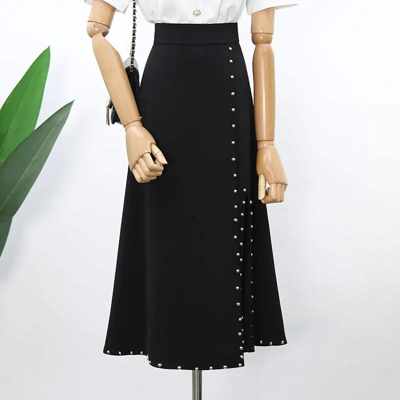 High-Waist Mid-Length Skirt with Rivet and Slit Design